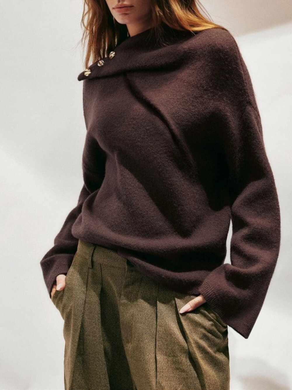 Brown Knit Stand Collar Gold Button Asymmetric Long Sleeve Sweater